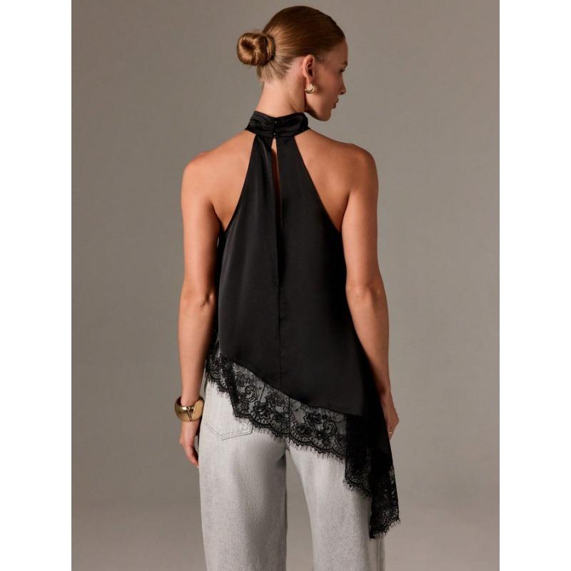 Women Summer Sleeveless Halter Top Satin Lace Trim Asymmetrical Hem Blouse