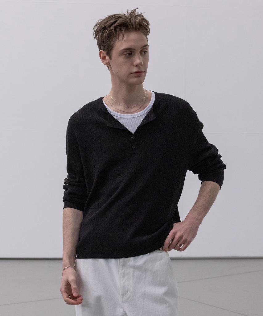 Dekkoloso Light Henley Neck Knit T-Shirt [Black]