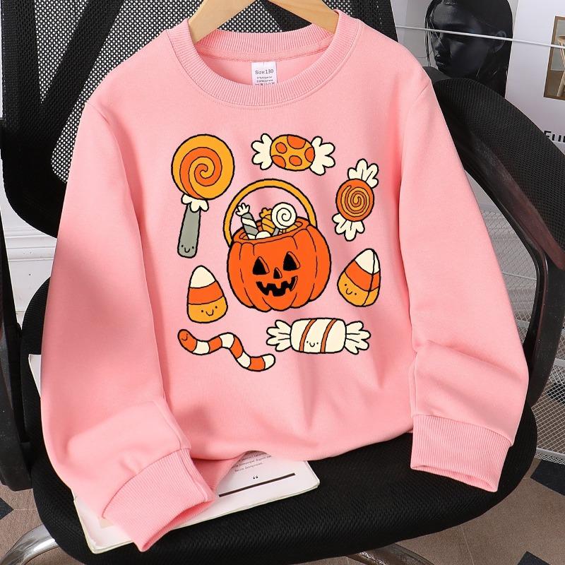 Kids Fall Winter Crew Neck Sweatshirt, Halloween Pumpkin Candy Bucket Print