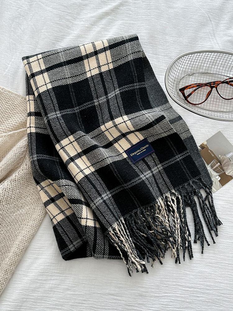 Damen Preppy Stil Klassischer Karierter Gestrickter Schal Kopftuch Dame Lässig Quasten Schal Mujer Foulard Wickeltuch Schal Winter Neu Koreanisch