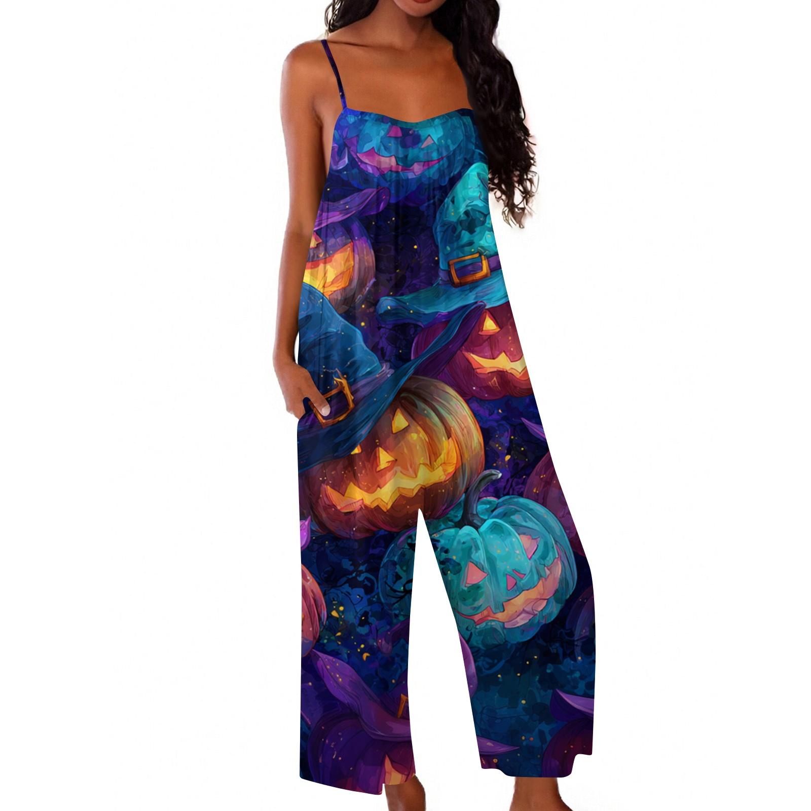 Women s Halloween Printed Jumpsuit Casual Loose Fit Romper XXL синий