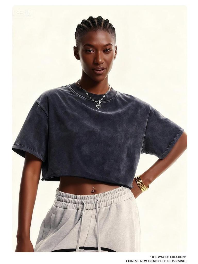 Women's Washed Vintage Cropped T-shirt: Heavyweight 230g Pure Cotton, Retro Loose Fit, Short Sleeve Waist-Length Top