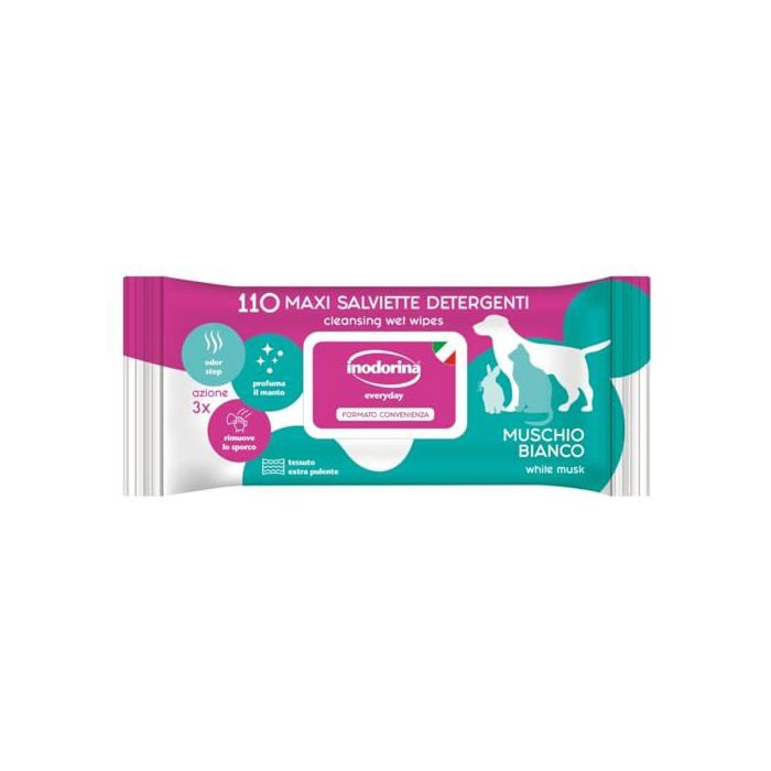 Lingettes pour animaux - Inodorina - 110 pièces - Musc blanc - Tissu résistant - Odor Stop - Action adoucissante
