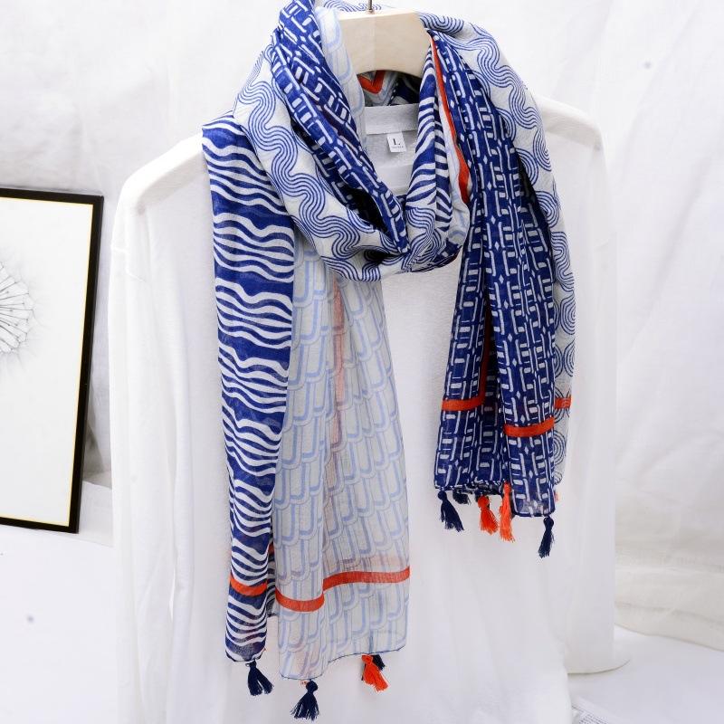Ethnic Style Blue and White Porcelain Cotton and Linen Scarf, Women's Artistic Shawl, Travel Sunscreen Scarf, Office Shawl