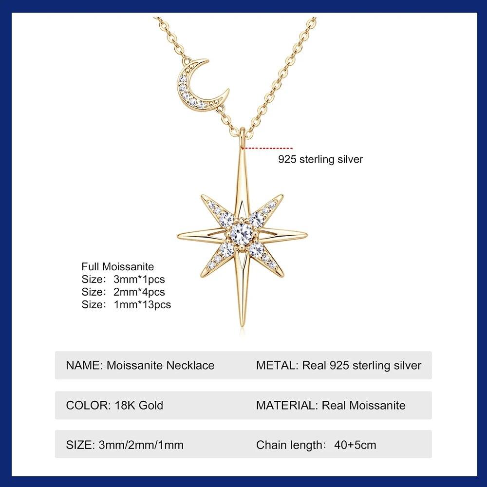 D color 100% 925 Silver Full Moissanite Necklace for Women 18K Gold Plated Star&Moon Pendant Necklace Choker Chain Fine Jewelry Gifts