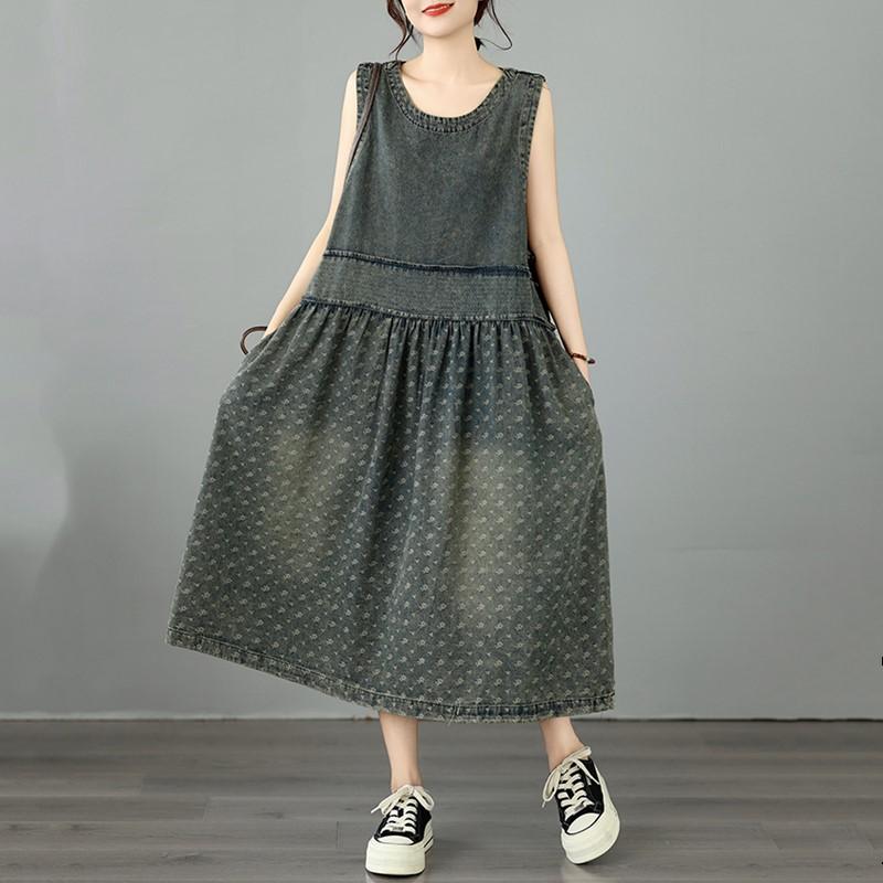 Sleeveless Plus Size Vintage Floral New In Dresses for Women Casual Loose Long Summer Denim Dress