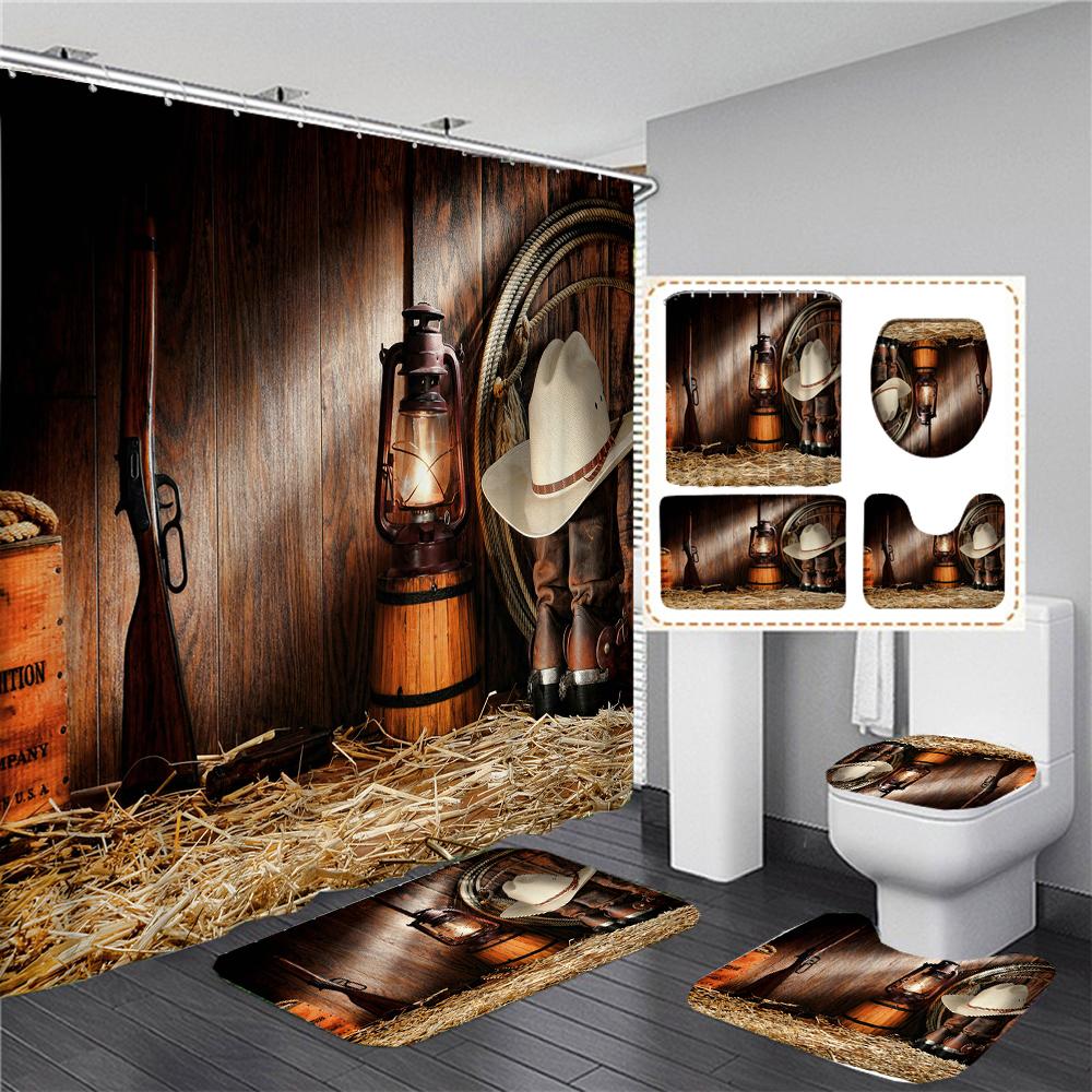 

Rustic Western Cowboy Shower Curtain American Country Music Bathroom Curtain Set Bath Mat Rug Carpet Bathtub Accessories Decor W60H190(CM)-1 Pcs