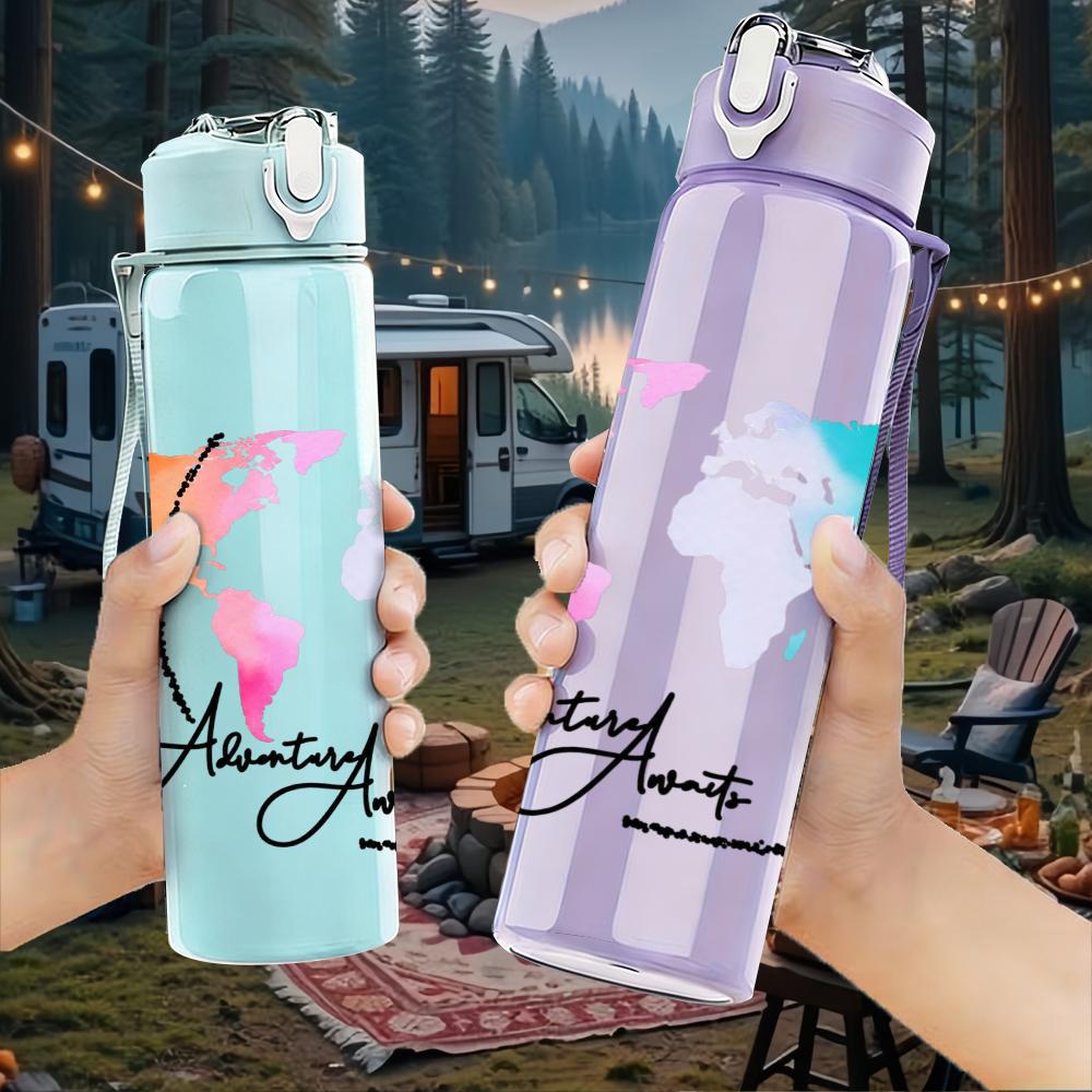 1PC Travel Plane World Globe Art 750ml Color Plastic Sports Water Bottle Leakproof Flip Straw Lid Suitable for Sports Office Home Use