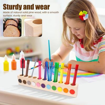 Wood Pencil Holder with 11 Holes Rounded Corner Design Pen Holder Creative Desktop Stationery Organizer Decorative School Office