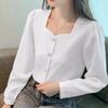 Women's Heart-shaped Square Neck Blouse Puff Long Sleeve Textured Fabric Loose Fit Casual Office Top