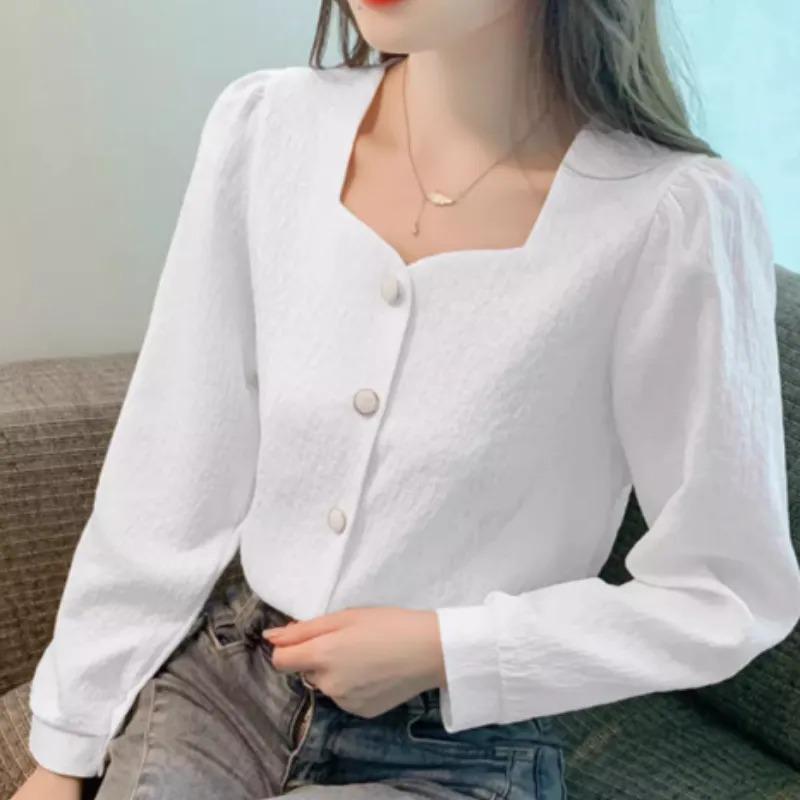 Women's Heart-shaped Square Neck Blouse Puff Long Sleeve Textured Fabric Loose Fit Casual Office Top