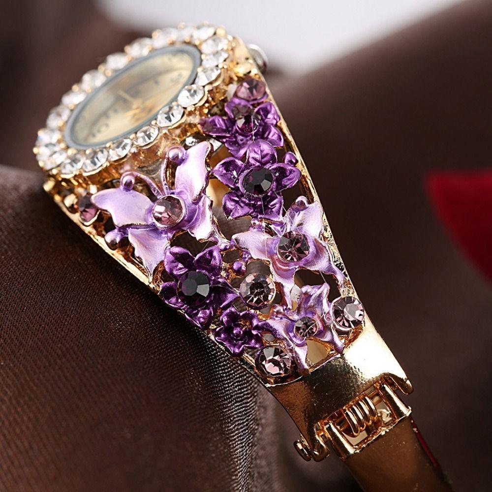 Round Dial Rhinestone Dress Watch Alloy Quartz Bracelet Wristwatch Daily Use
