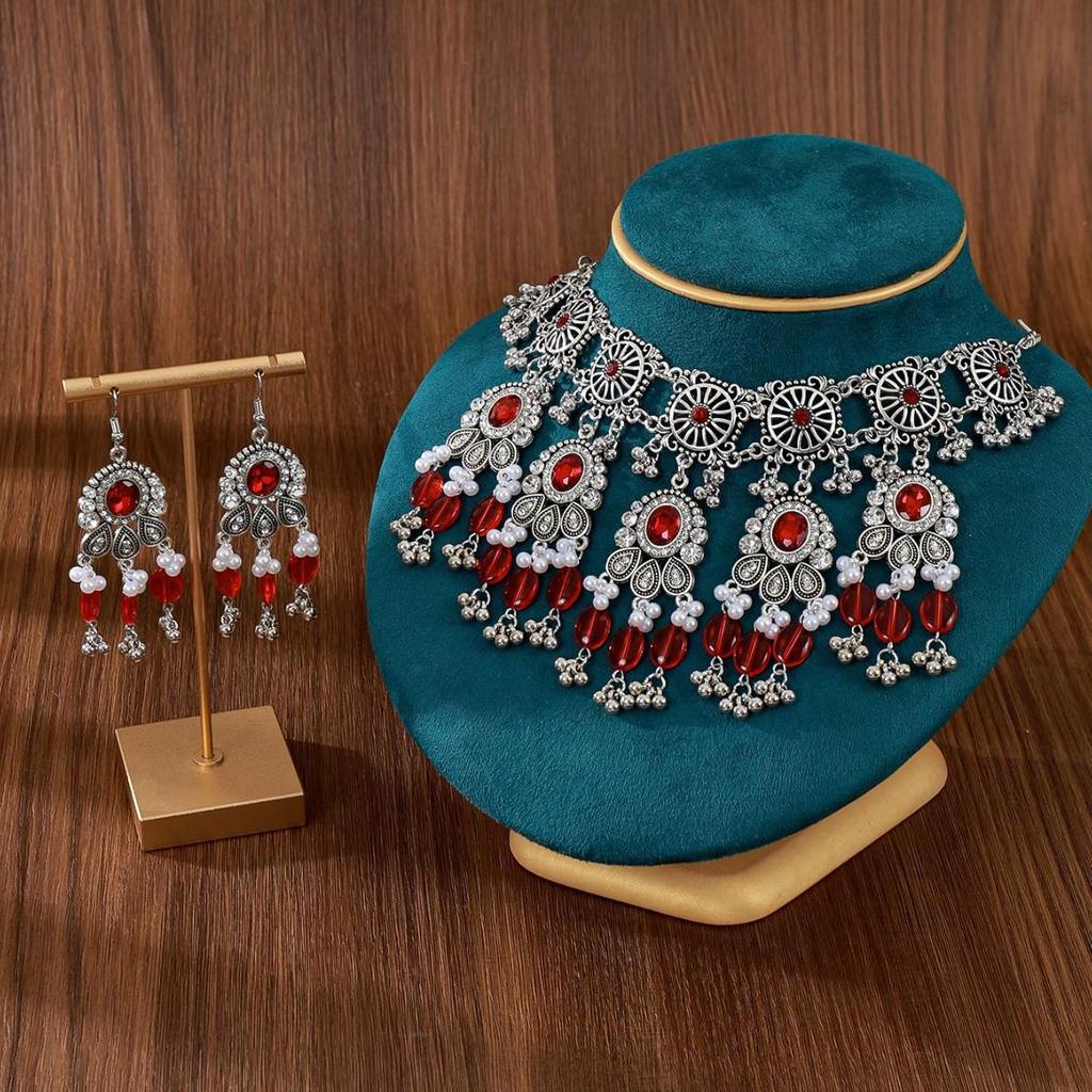 Retro Exotic Style Necklace and Earrings Jewelry Set with Multiple Oval Bead Strands