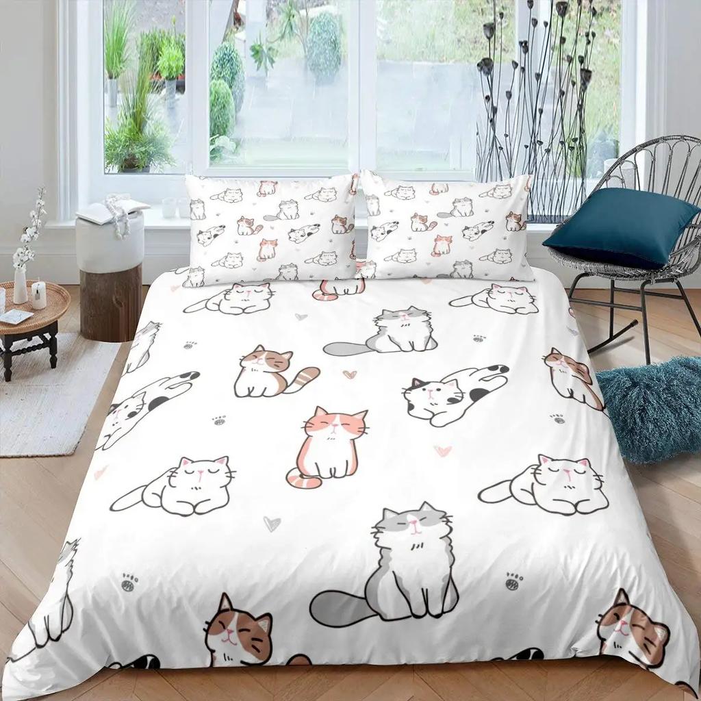 Cat Duvet Cover Set Cute Cartoon Cat Twin Bedding Sets for Boys Girls Animal Cat Pattern Queen King Size Polyester Qulit Cover