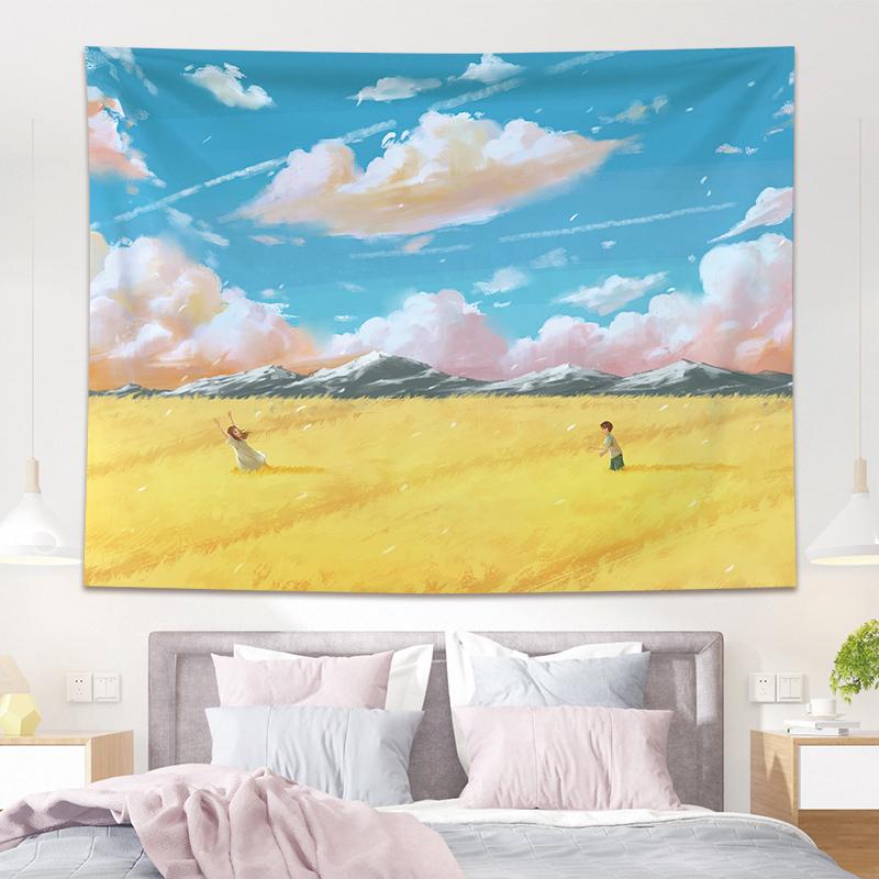 

Творческий пейзаж молодежное эстетическое украшение комнаты гобелен настенный розовый милый украшение комнаты аниме кружевной гобелен