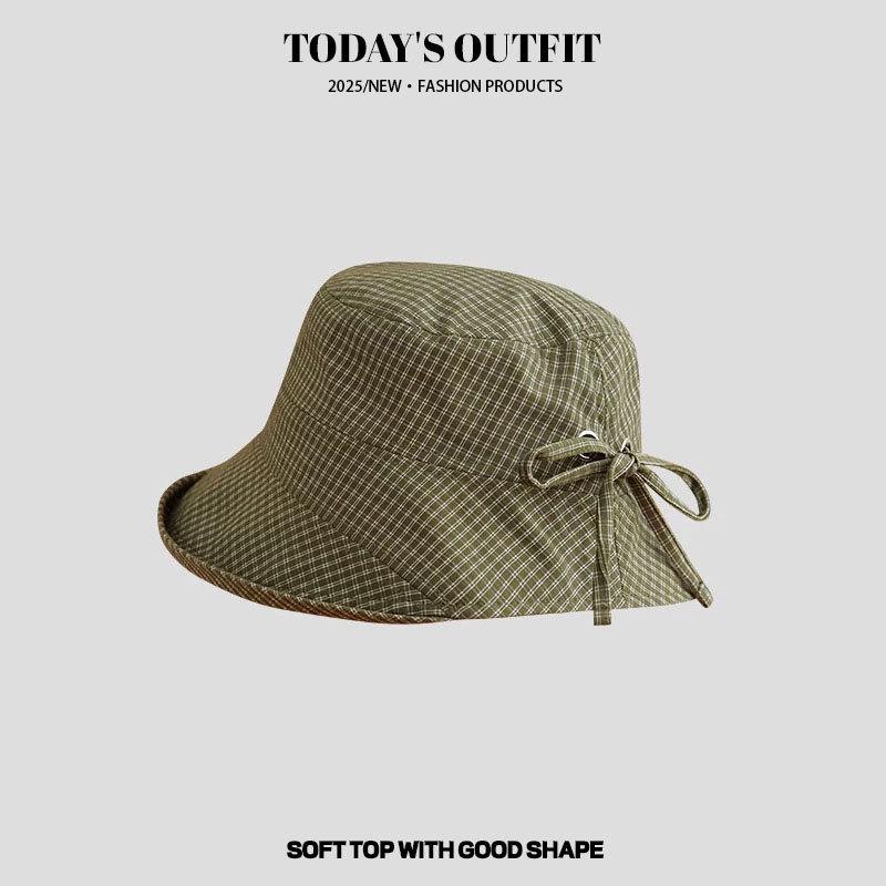 

Sweet navy blue plaid bucket hat women s new summer big eaves sunscreen basin hat M 56-58cm