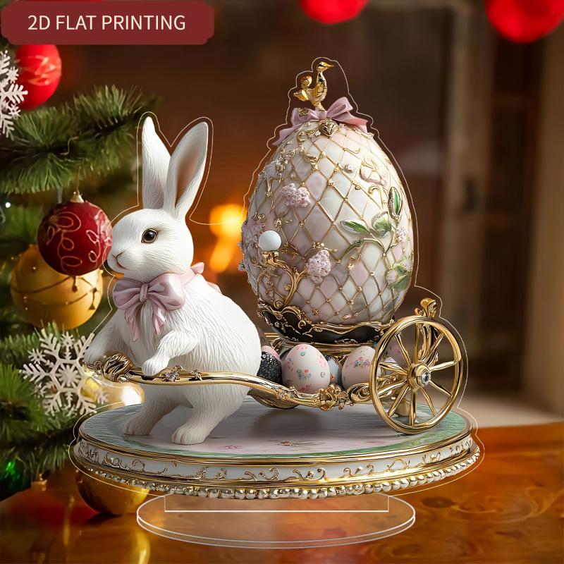 New Easter Egg Shaped Cottage Rabbit Acrylic Ornament 2D Flat Cute Rabbit Desktop Ornament Easter Gift