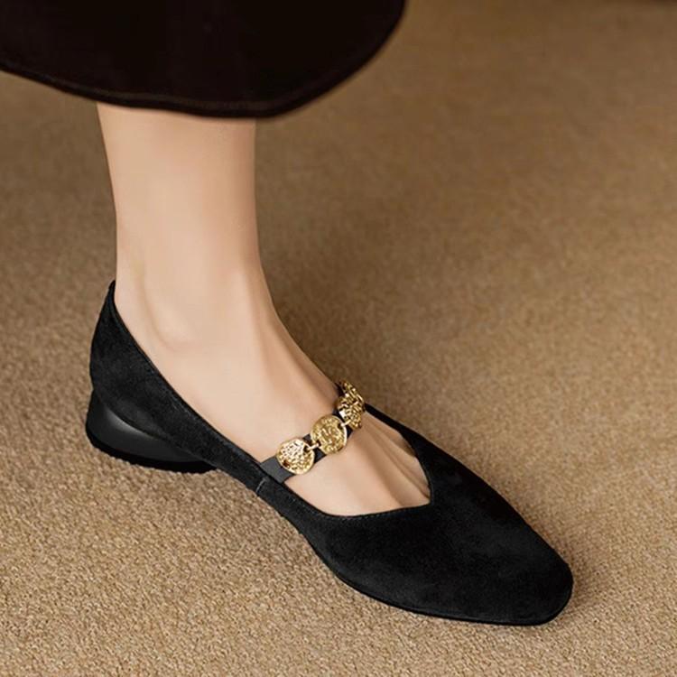 Soft square head gold coin chain Mary Jane shoes women's 2025 new retro French comfortable versatile low heel thick heel single shoes