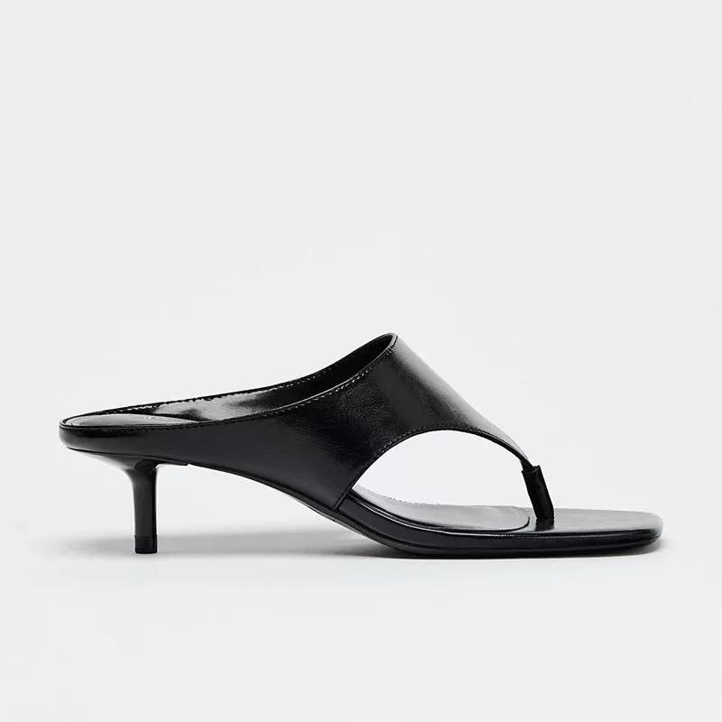 Fashion Spring Summer New Mid Heel Sandals Women's Slimming High Heels Flat Head Toe Straps Shoes Comfortable Breathable Slip-On Sandals