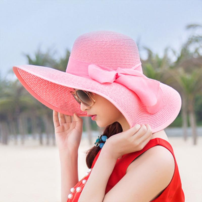 Summer Women Big Brim Straw Bow Hat Sun Fashion Wide Brim Floppy Panama Cap Outdoor Foldable Uv Protect Travel Femme Beach Hats