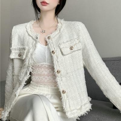 Französische Prominente Tweed-Kurzjacke für Damen im Frühlingsdesign mit kleinem Duft und langen Ärmeln, Strickjacke, Temperament, Abnehmen-Oberteil