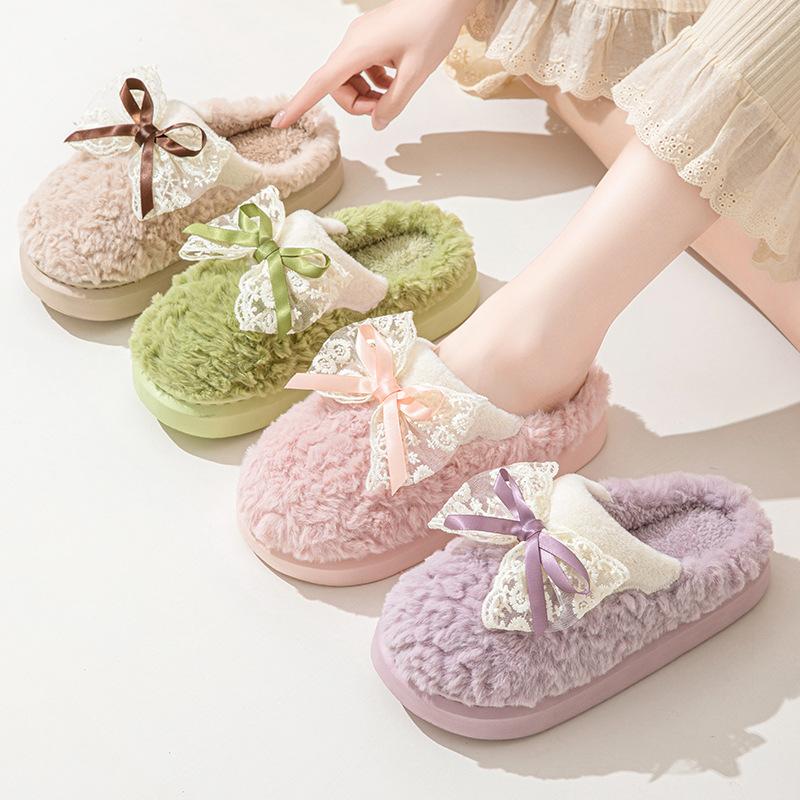 Neue Winter-Baumwollpantoffeln für Damen, Heimtextilien, Schmetterlingsknoten, warme Plüsch-Sandalen für Damen