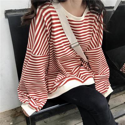 Kadın Çizgili Sweatshirt - 2025 Uzun Kollu Bol Kesim Kore Tarzı İlkbahar & Sonbahar için Kazak