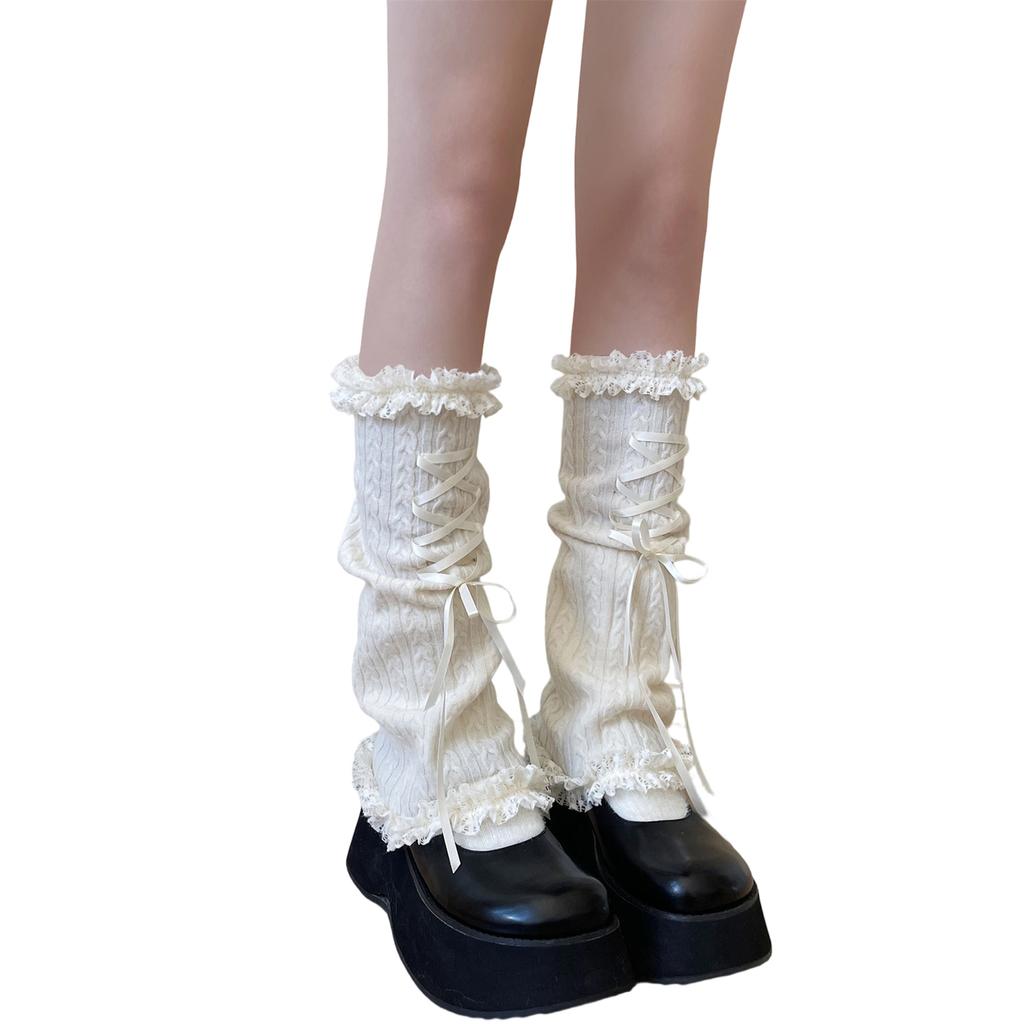 Winter Warm Knitted Leg Warmers Women Lolitas Harajuku Leg Covers Bowknot Flared Ruffle Trim Knee Highs Socks Leg Sleeves