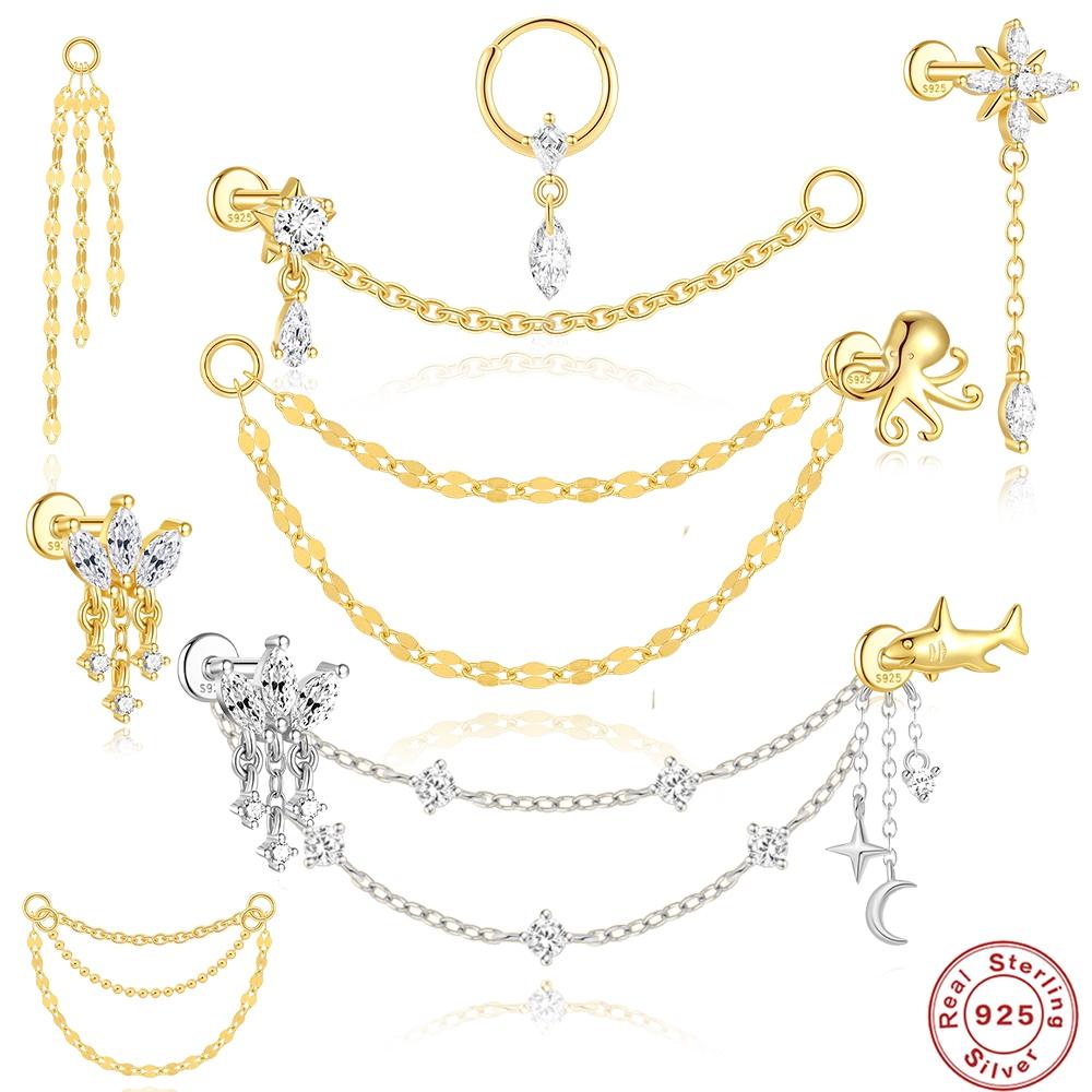 AIDE 1PC 925 Silver Zircon Piercing Chain Fit For Earring Hoops Ear Bone Studs DIY y2K Lucky Red Koi Fish Jewelry Accessories