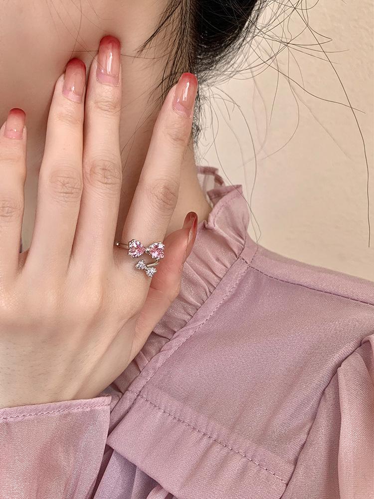 Elegant Women's Adjustable Sweet Pink Zirconia Bow Ring for Index Finger