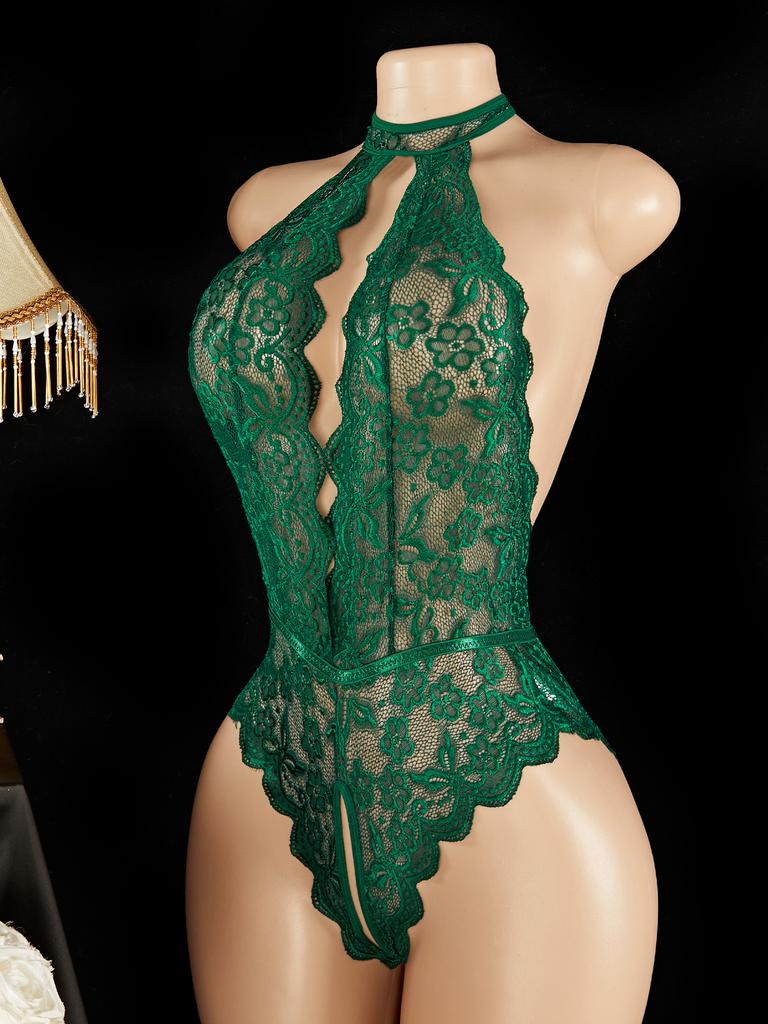 Women Erotic Backless Deep V Sexy Lingerie Transparent Floral Lace Temptation Night Dress Teddy Babydoll Crotchless Underwear