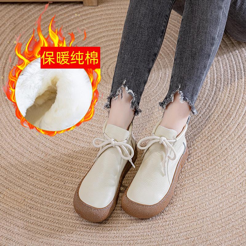 Fashion 2025 Winter Genuine Leather Boots Women's High Top Laced Up Flats Woman Warm Short Plush Boot Ladies Orthopedic Shoe Ankle Boots