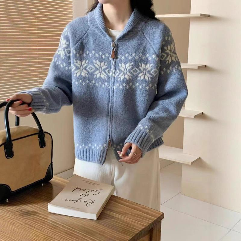 

Women s Retro Color Block Sweater Coat - Autumn/Winter Loose Knit Cardigan with Double Zipper One Size [80-120]