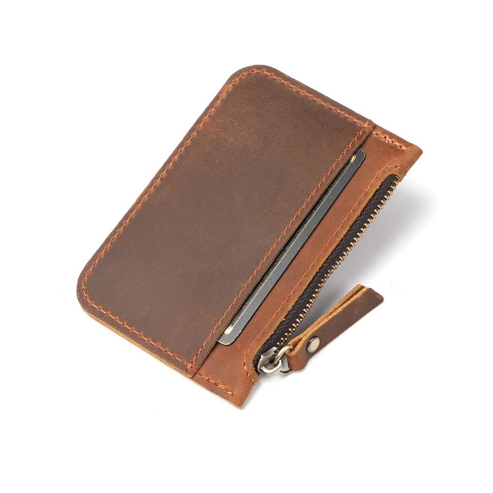 

Genuine Crazy Horse Leather Zip Coin Card Holder Wallet | Slim Portable Short Cash Pouch | Mini Wallet for Men Women темно-рудий