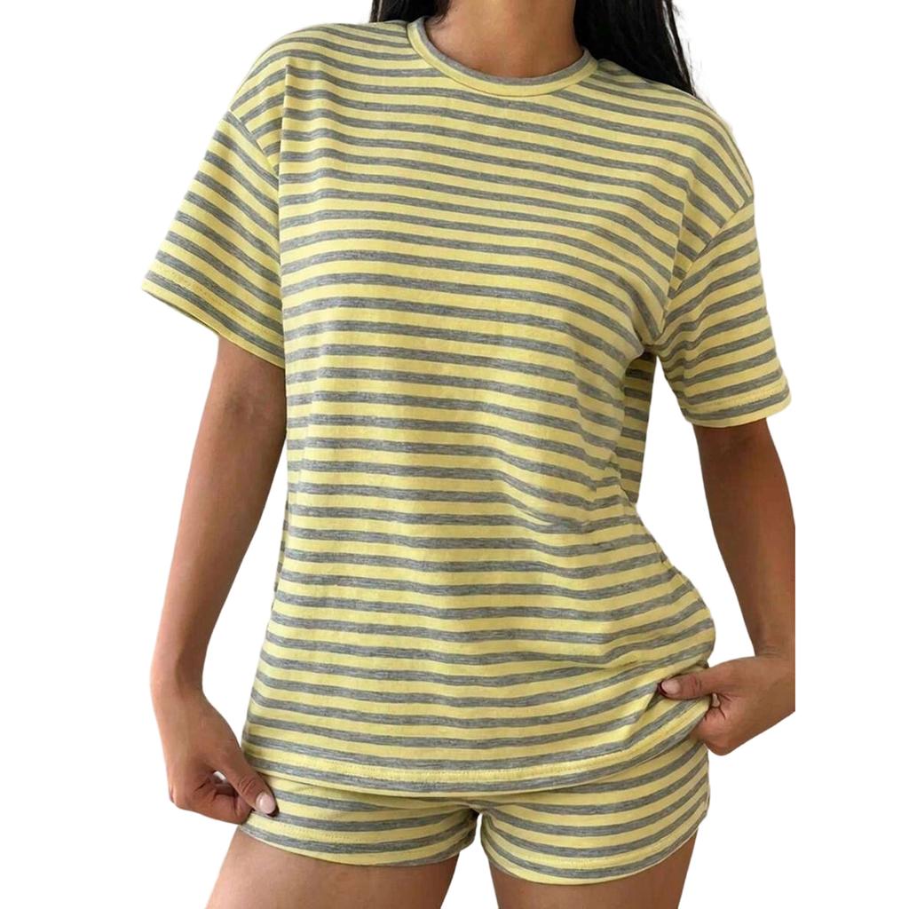 Women Casual Two Piece Set Short Sleeve Knit Top and Shorts Lounge Wear Summer Outfit Lightweight Soft Fabric