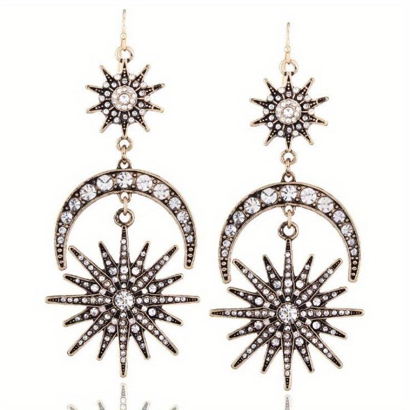 Big Luxury Sun Moon Stars Drop Earrings Rhinestone Punk Earrings for Women Jewelry Boho Vintage Statement Earrings