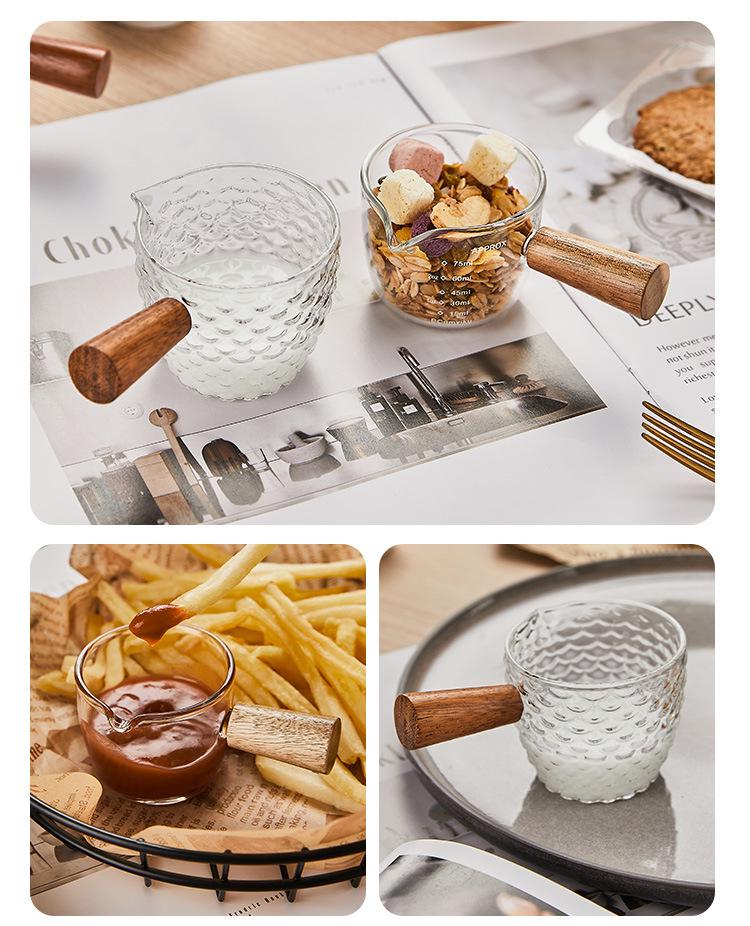 Glass Espresso Bean Measuring Cup with Double Spout, Wooden Handle, and Small Milk Jug