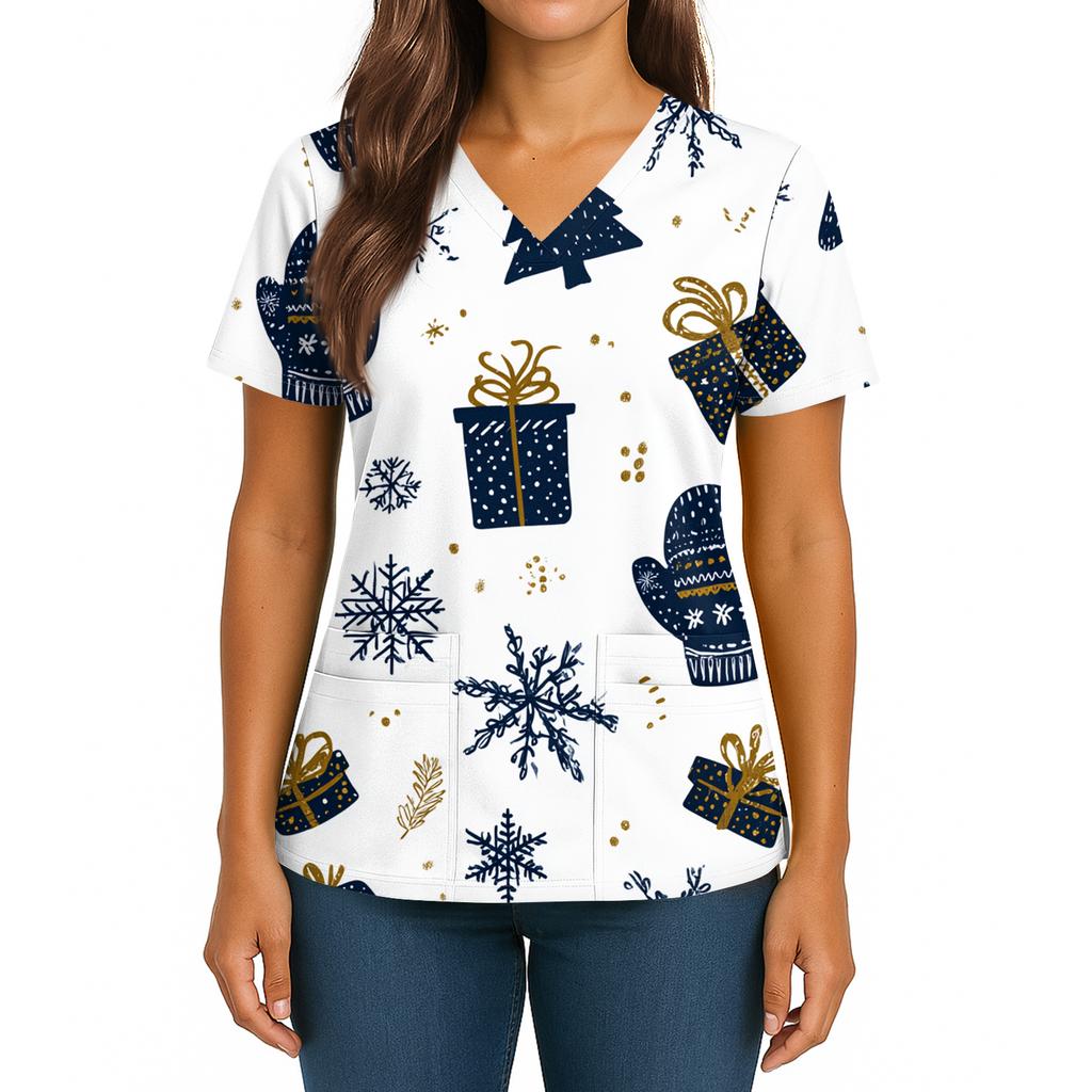 Women's Christmas Print V-Neck Double Pocket Short Sleeves Hem Slit  Uniform And Caregiver Top