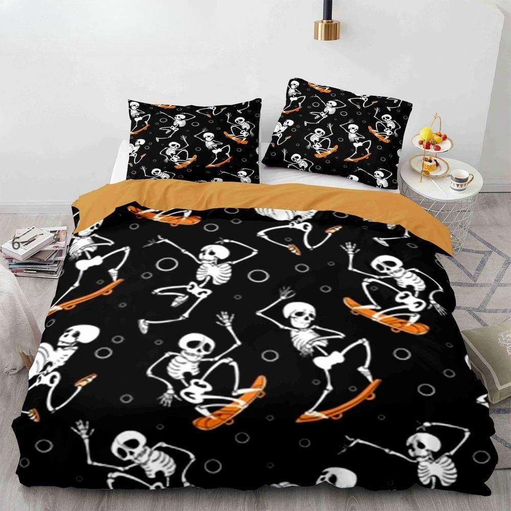 Sugar Skull King Queen Duvet Cover Funny Skeleton Halloween Bedding Set Gothic Spooky Bone Quilt Cover Polyester Comforter Cover