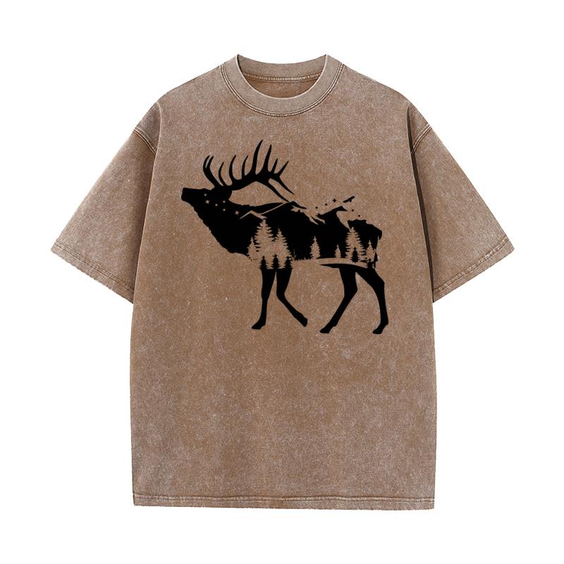 Short Sleeve Tees Christmas Round Neck Combed cotton Woman Washed Tshirts Round Neck Forest Elk Party Washed Tee Shirts Family