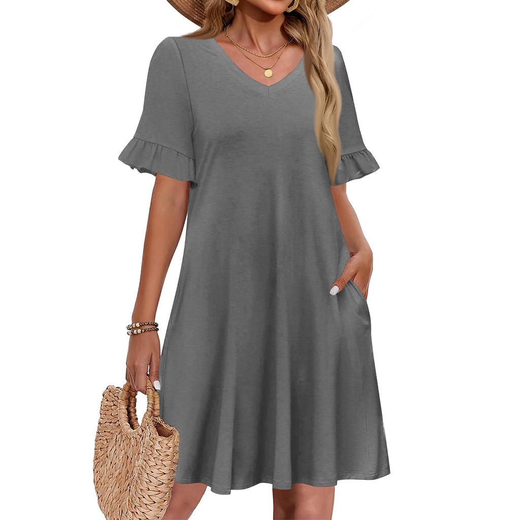 Women A Line Sun Dress Short Sleeve V Neck Dress With Pockets