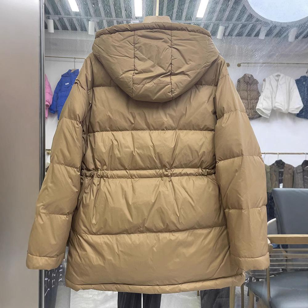 Autumn and Winter Women's Padded and Thickened Outerwear Warm Medium Length Loose Comfortable Zip Paragraph Waisted Tie Hooded Outerwear