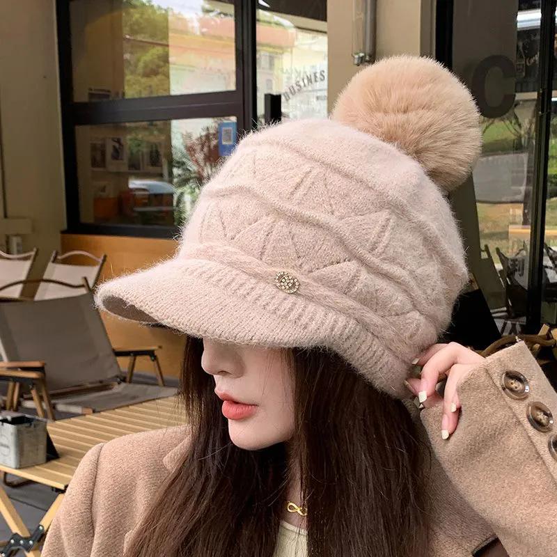 WTEMPO Rabbit Hair Blend Woolen Winter Hats Women All-match Hairball Peaked Caps Windproof Thickened Warm Plush Bomber Hats