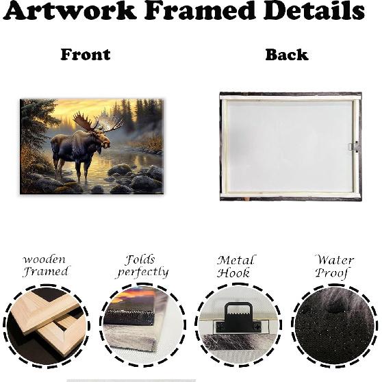 OAAPITI Moose Canvas Wall Art Vintage Wildlife Pictures Art Print Wilderness Forest Landscape Painting Modern Artwork For Bedroom Living Room Home