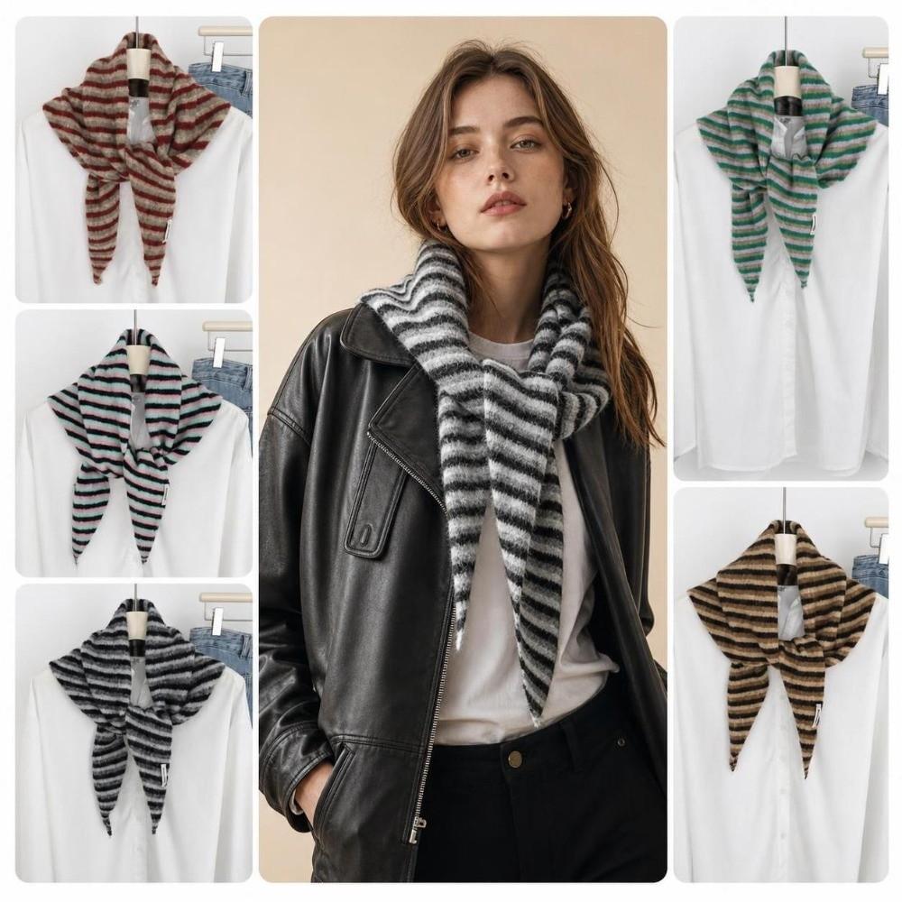 Lightweight Knitted Triangle Scarf Striped Pattern Winter Neckerchief Wool Shawl Scarf  Women