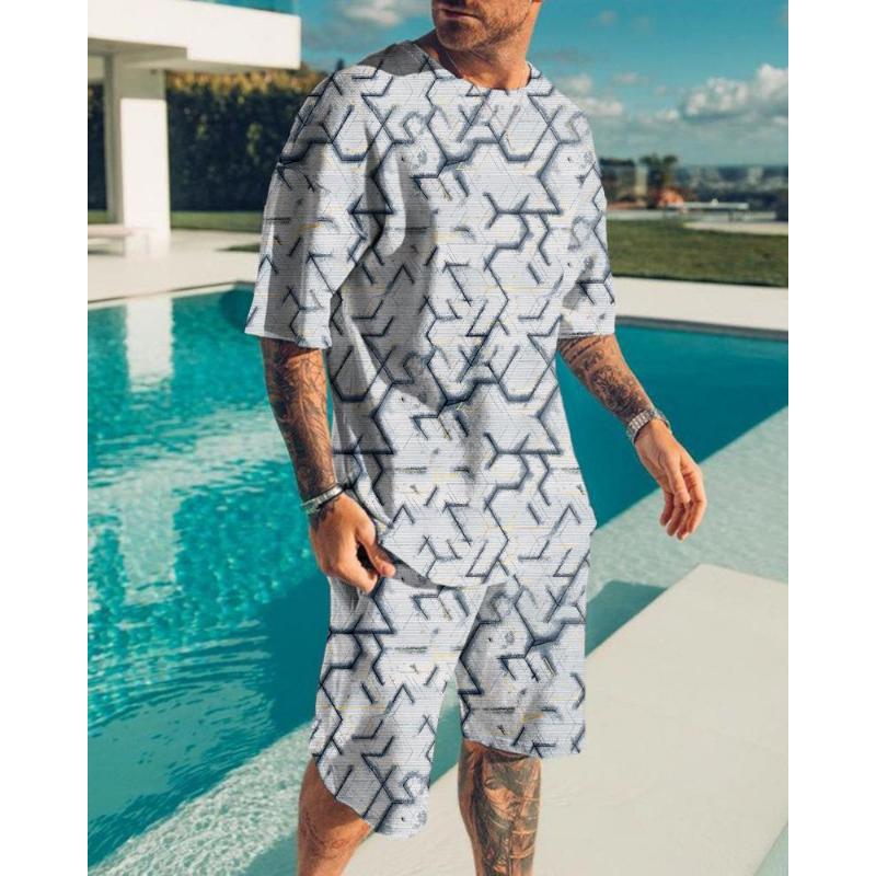 Summer New Men's Suit 3D Printig Geometric Patterns Short Sleeve  Shirt Shorts Suit Fashion Shirt Men's Two Piece Set Streetwear