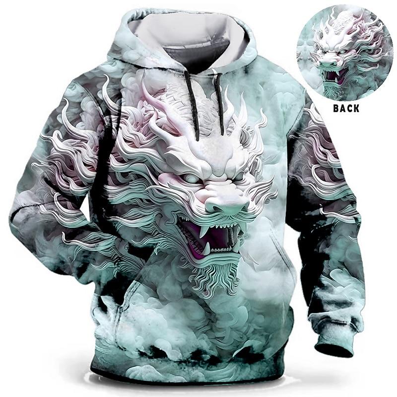 Men's hooded sweatshirt with dragon and tiger pattern for daily leisure, retro long sleeved hooded vacation, and sports