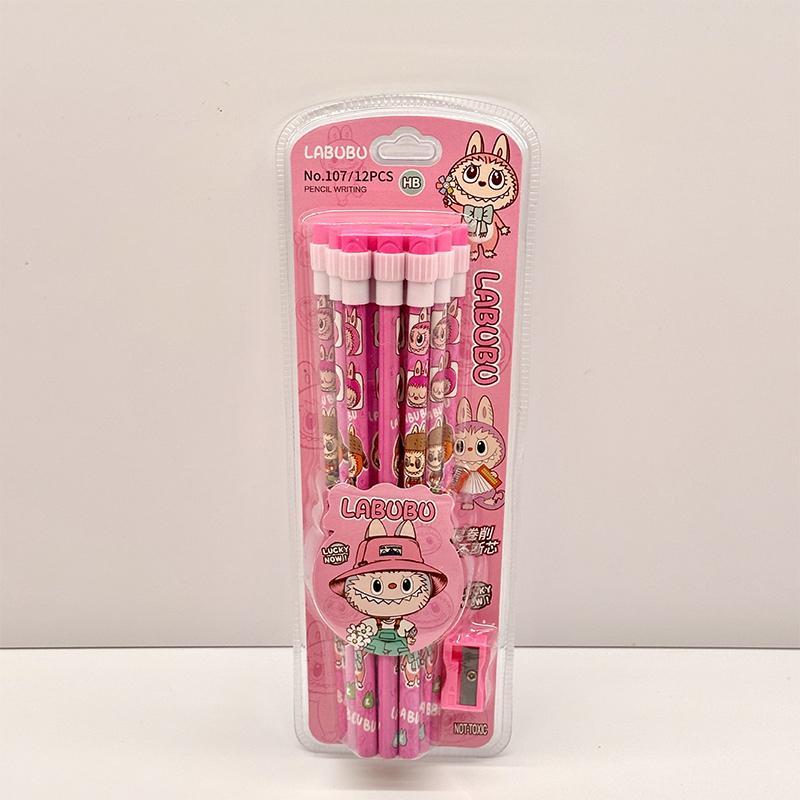 Set di 12 Matite Labubu Cartoon con Gomma Temperamatite Studente Scrittura Disegno Matite Cancelleria Studente Materiale Scolastico