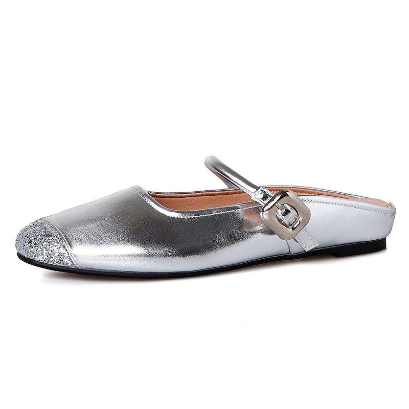 Yuexinwang Leather Flat for Huizhou Women's Shoes Heels Slippers Outer Wear Summer New French Mary Jane Bag Head Slippers
