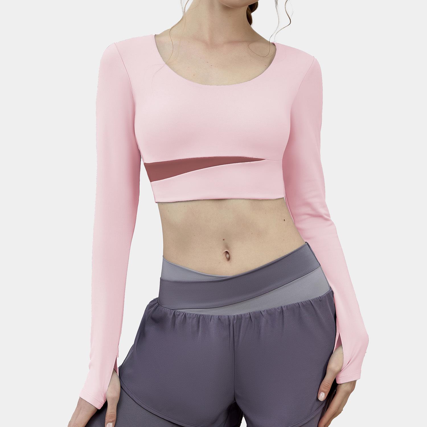 

Топ для йоги с длинным рукавом и цветными блоками, со встроенными чашечками - быстросохнущий, короткий стиль для бега и тренировок Extra Large
